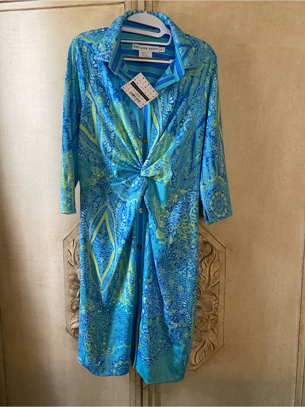 Gretchen Scott Designs Teal & Turquoise Paisley Twist-Front Sleeve Dress NWT